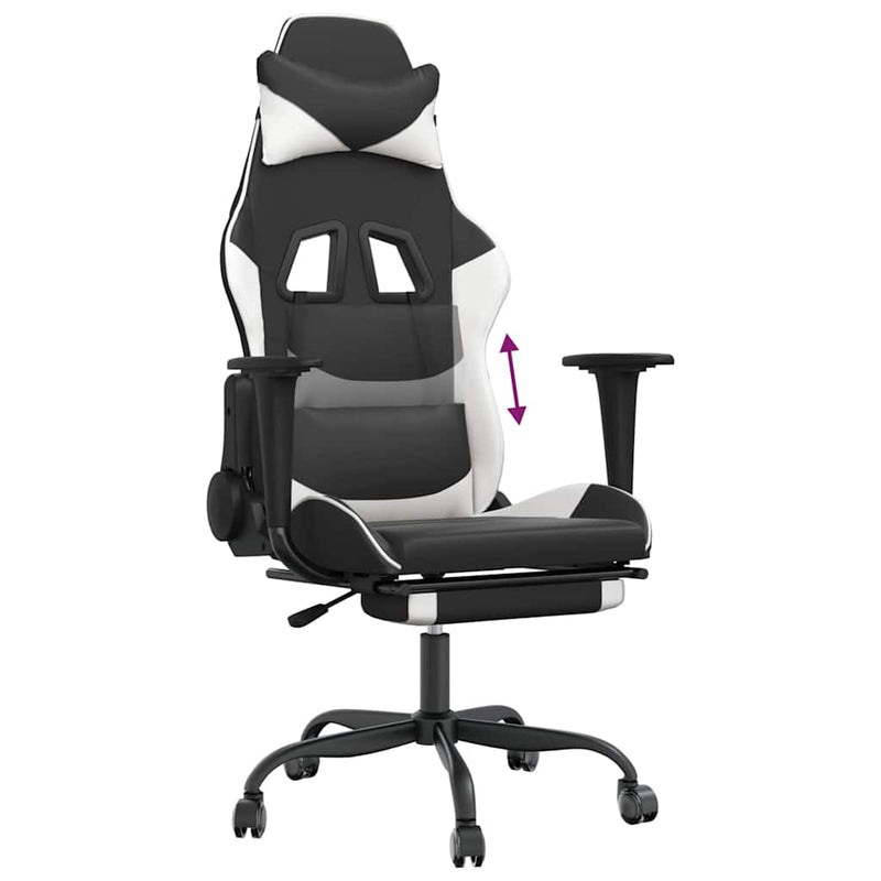 Scaun de gaming cu suport picioare, negru/alb, piele ecologică