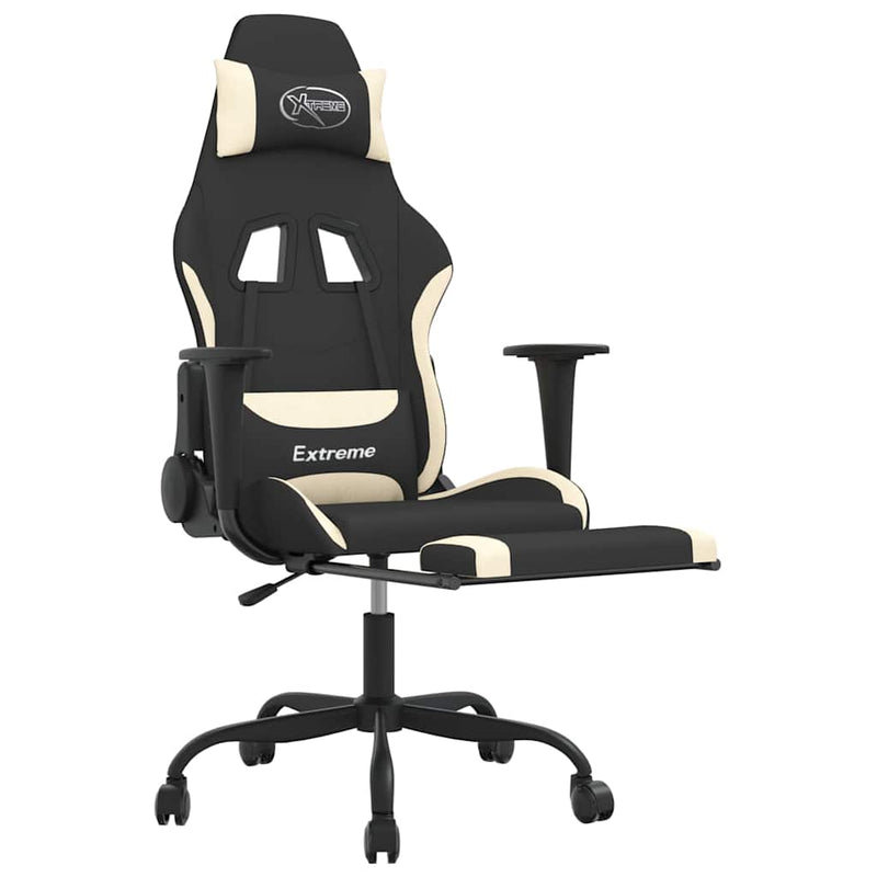 Scaun de gaming cu suport picioare, negru și crem, textil