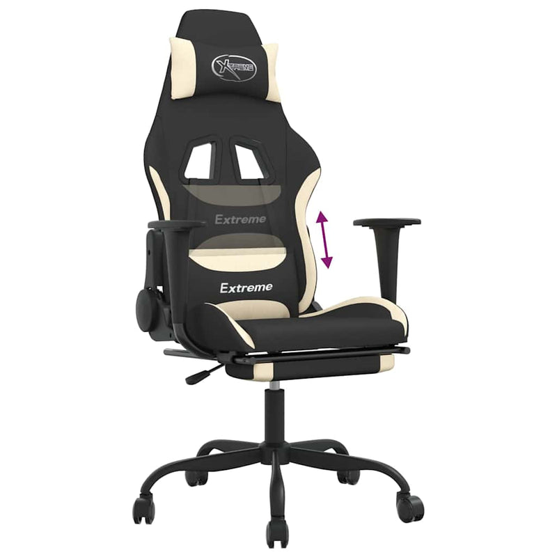 Scaun de gaming cu suport picioare, negru și crem, textil