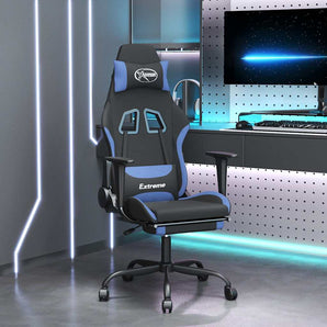 Scaun de gaming cu suport picioare, negru și albastru, textil