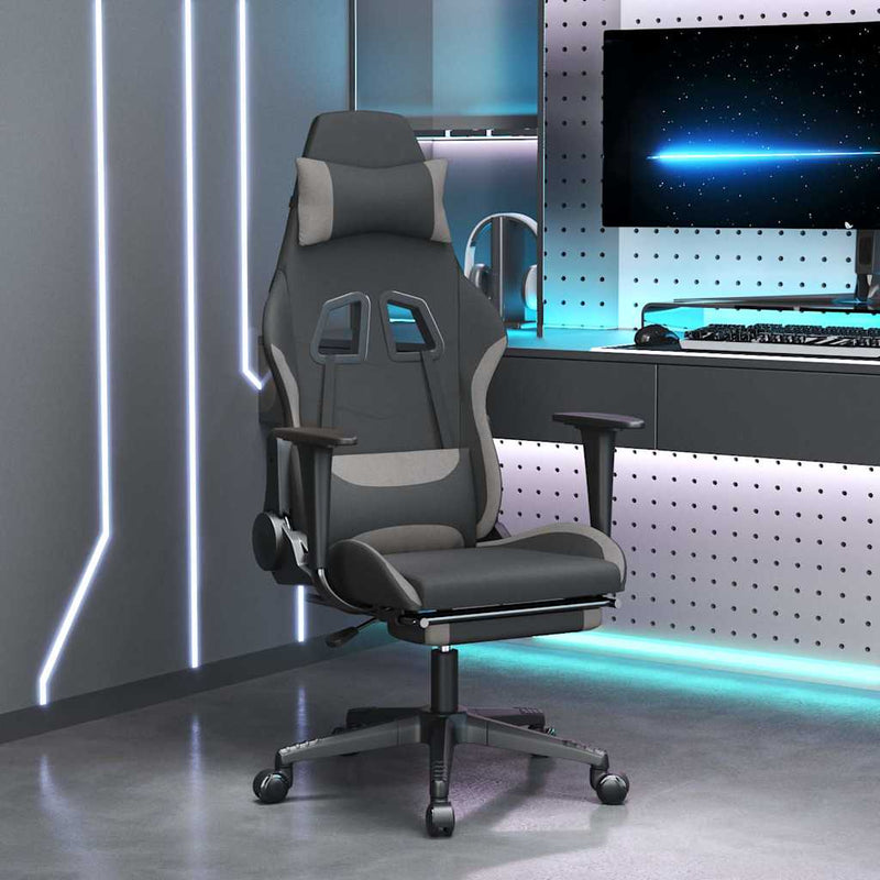 Scaun de gaming cu suport picioare, negru/gri deschis, textil