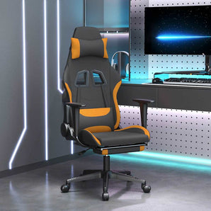 Scaun de gaming cu suport picioare, negru și oranj, textil