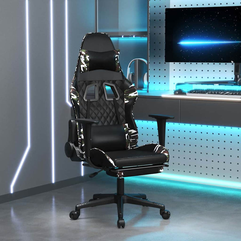 Scaun de gaming cu suport picioare, negru/camuflaj, piele eco