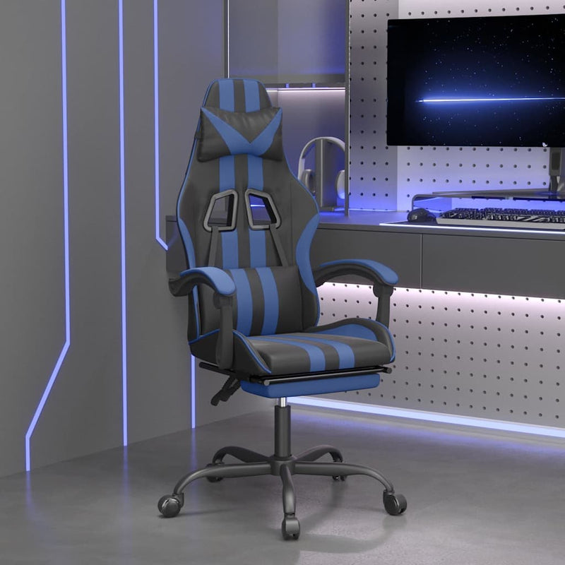 Scaun de gaming cu suport picioare, negru/albastru, piele eco