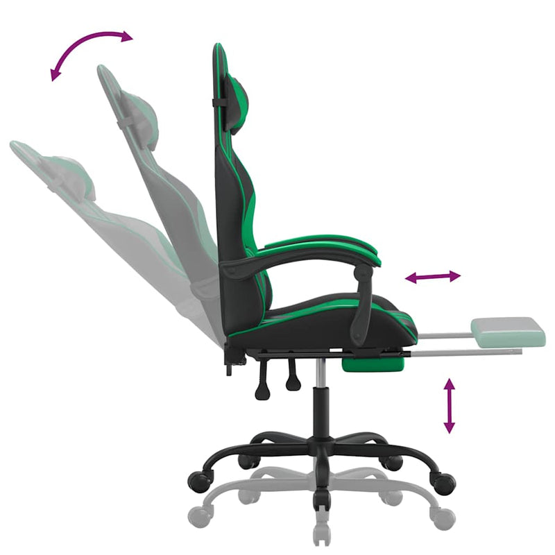 Scaun de gaming cu suport picioare negru/verde, piele ecologică