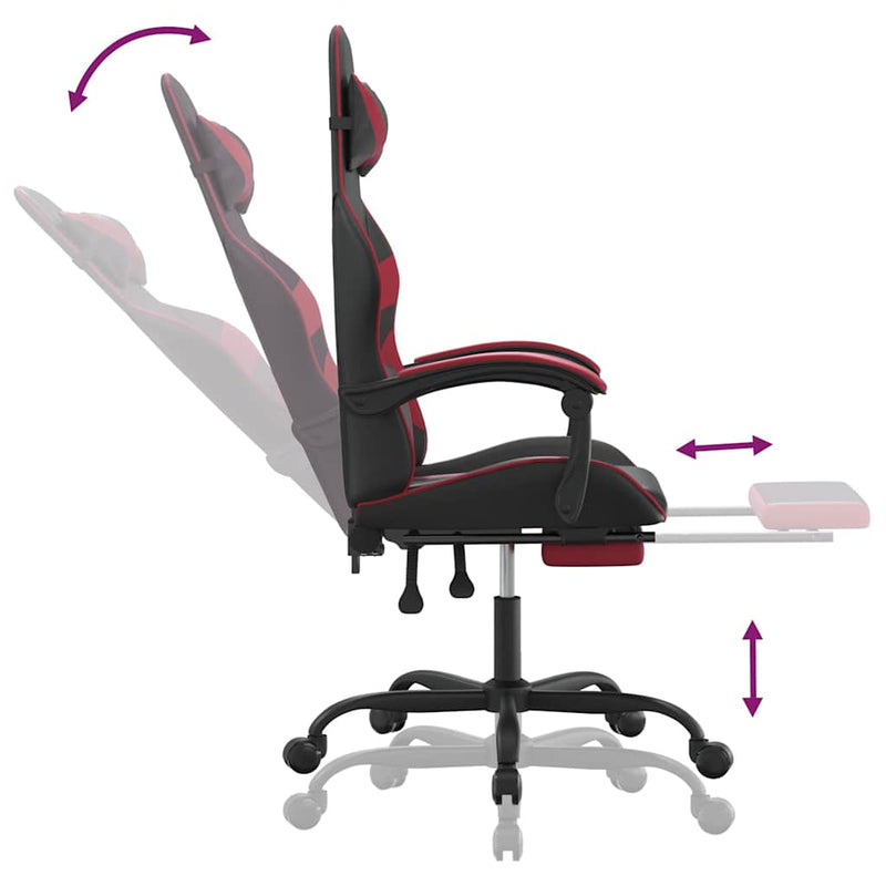 Scaun de gaming cu suport picioare, negru/roșu vin, piele eco