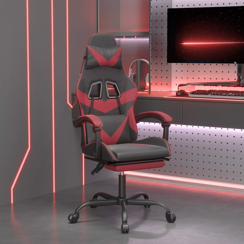 Scaun de gaming cu suport picioare, negru/roșu vin, piele eco