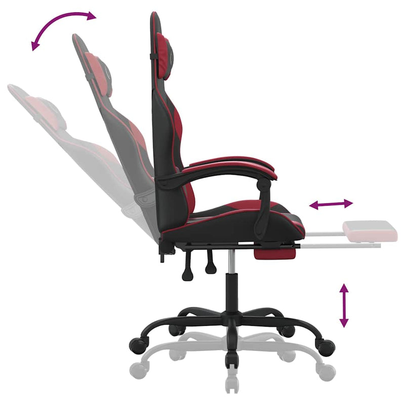 Scaun de gaming cu suport picioare, negru/roșu vin, piele eco