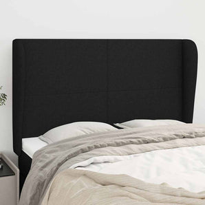 Tăblie de pat cu aripioare, negru, 147x23x118/128 cm, textil