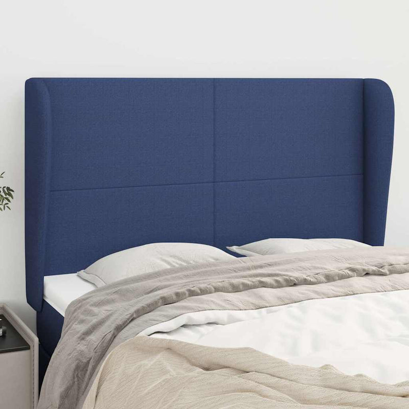 Tăblie de pat cu aripioare, albastru, 147x23x118/128 cm, textil