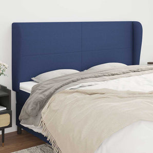 Tăblie de pat cu aripioare, albastru, 203x23x118/128 cm, textil