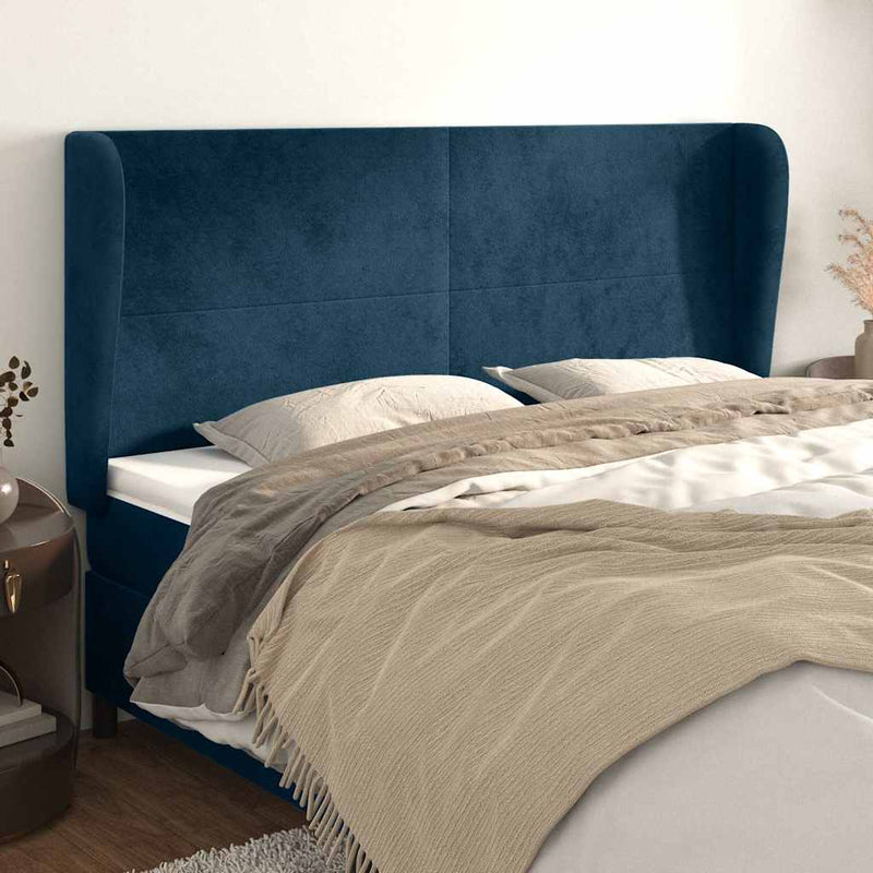 Tăblie pat cu urechi albastru închis 183x23x118/128 cm catifea