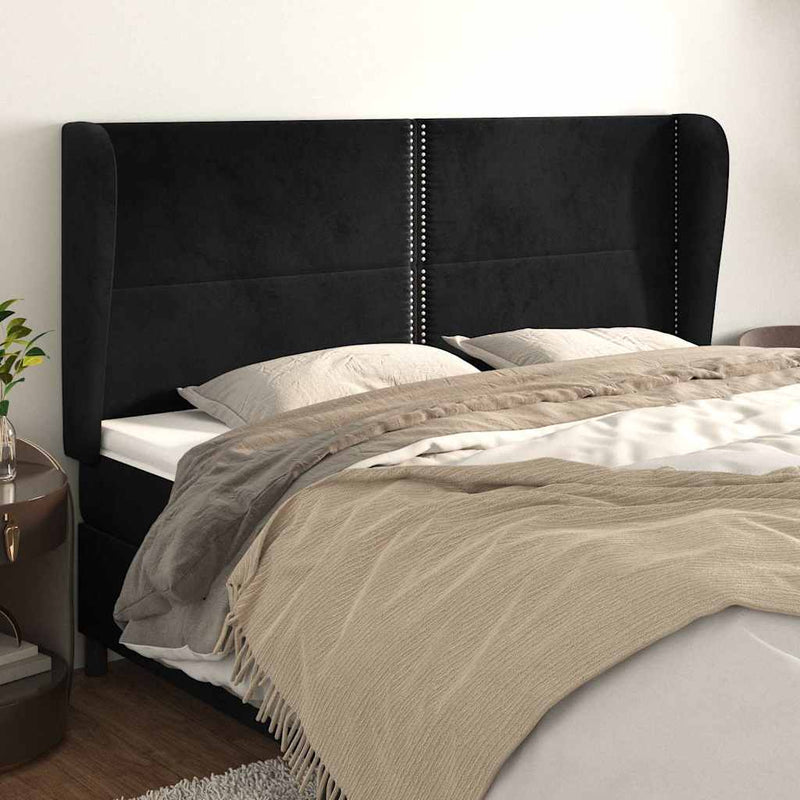 Tăblie de pat cu aripioare, negru, 183x23x118/128 cm, catifea