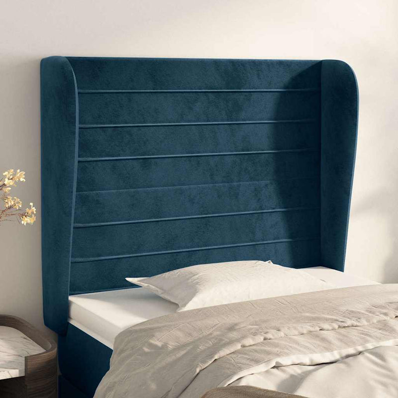 Tăblie pat cu urechi albastru închis 103x23x118/128cm catifea