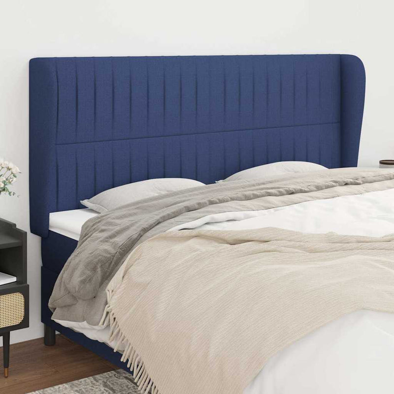 Tăblie de pat cu aripioare, albastru, 183x23x118/128 cm, textil