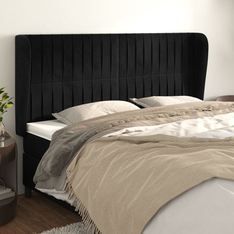Tăblie de pat cu aripioare, negru, 163x23x118/128 cm, catifea