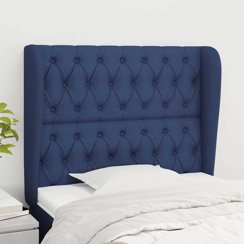 Tăblie de pat cu aripioare, albastru, 93x23x118/128 cm, textil