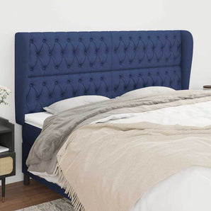 Tăblie de pat cu aripioare, albastru, 203x23x118/128 cm, textil