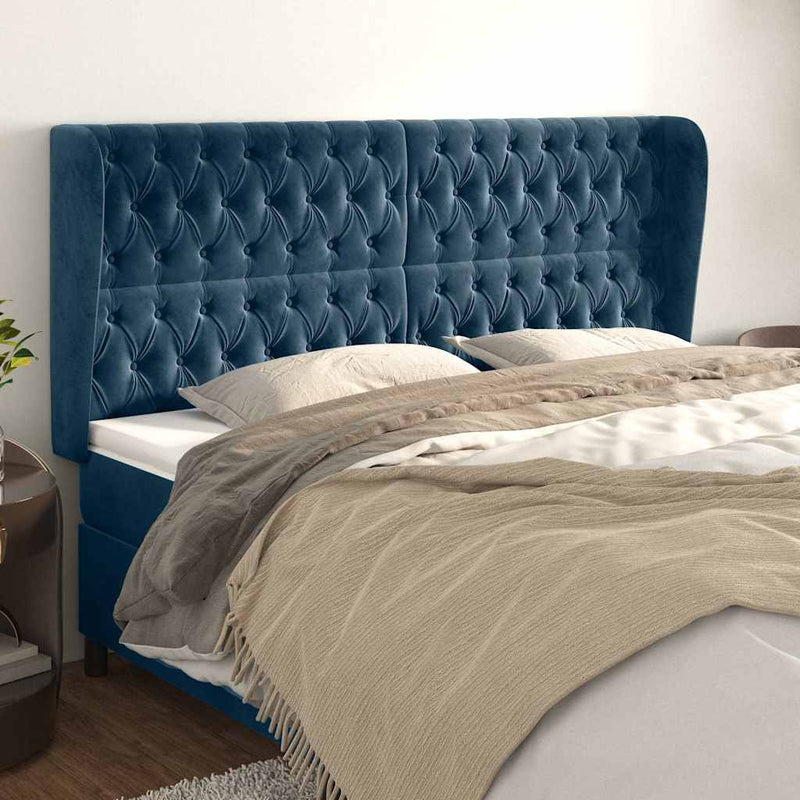 Tăblie pat cu urechi albastru închis 203x23x118/128 cm catifea