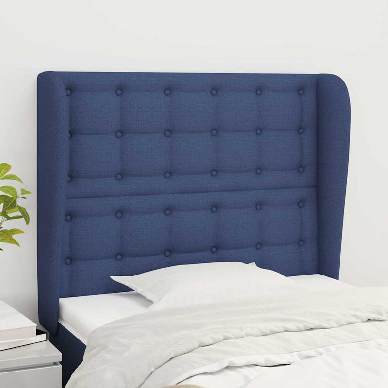 Tăblie de pat cu aripioare, albastru, 103x23x118/128 cm, textil