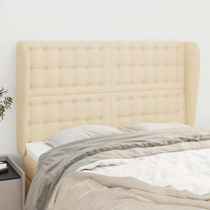 Tăblie de pat cu aripioare, crem, 147x23x118/128 cm, textil