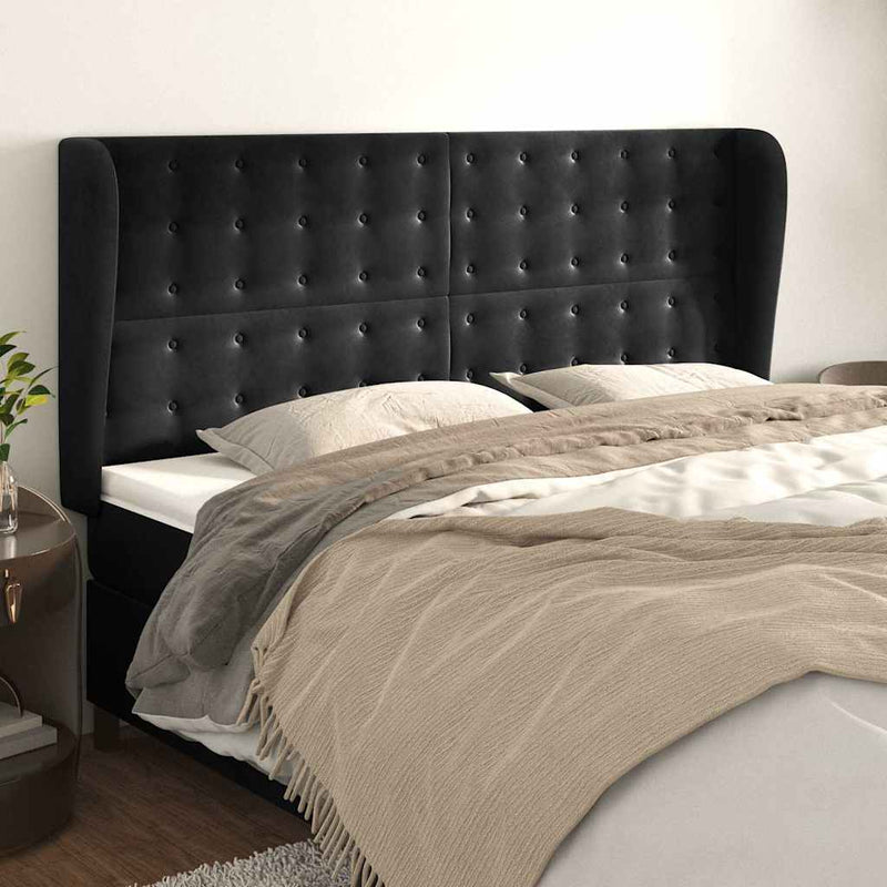 Tăblie de pat cu aripioare, negru, 163x23x118/128 cm, catifea