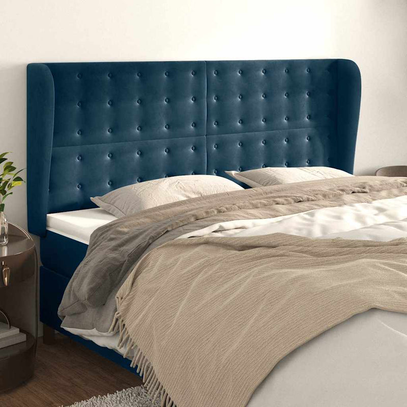 Tăblie pat cu urechi albastru închis 203x23x118/128 cm catifea