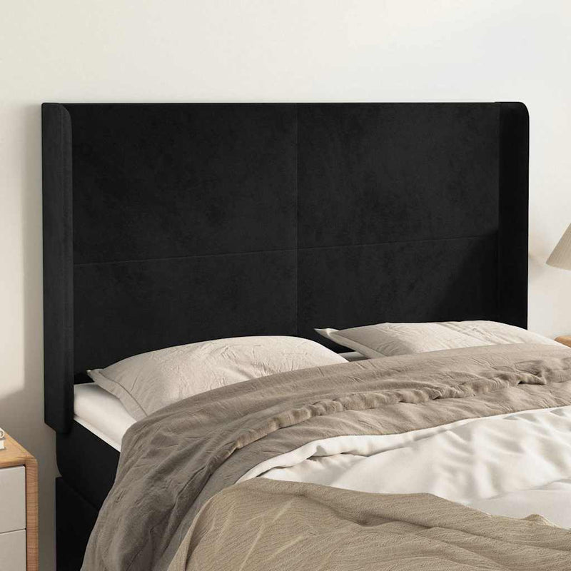 Tăblie de pat cu aripioare, negru, 147x16x118/128 cm, catifea