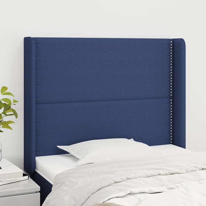 Tăblie de pat cu aripioare, albastru, 93x16x118/128 cm, textil