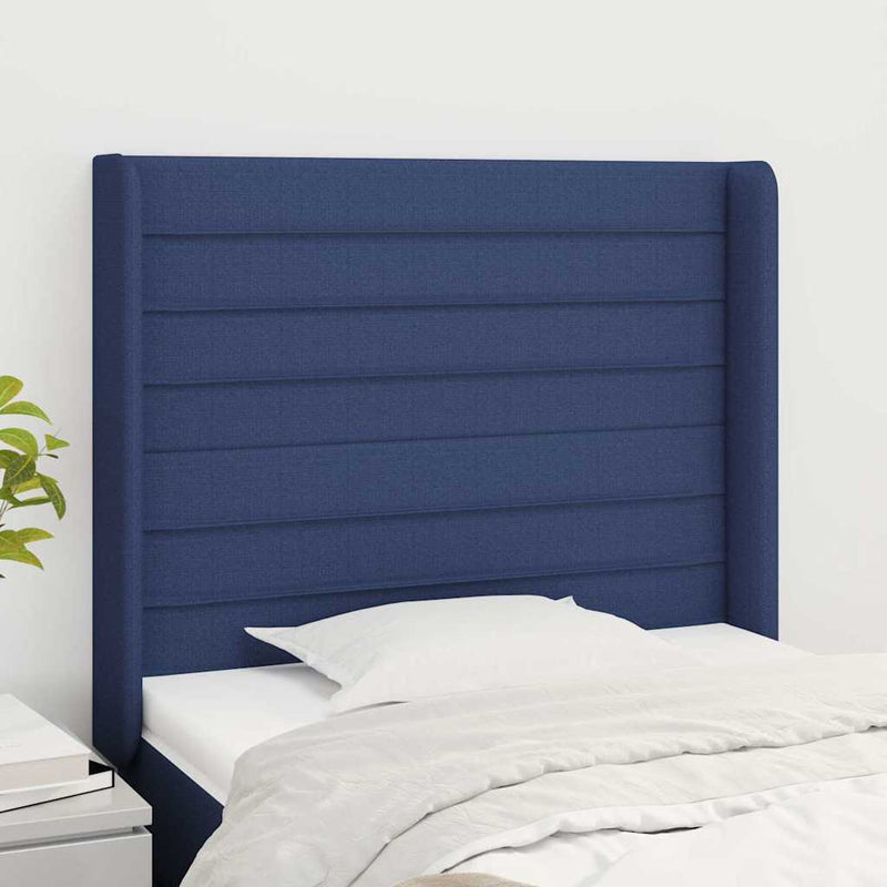 Tăblie de pat cu aripioare, albastru, 83x16x118/128 cm, textil