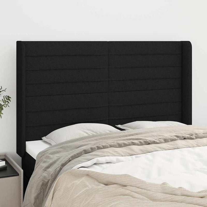 Tăblie de pat cu aripioare, negru, 147x16x118/128 cm, textil