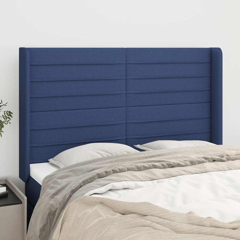 Tăblie de pat cu aripioare, albastru, 147x16x118/128 cm, textil
