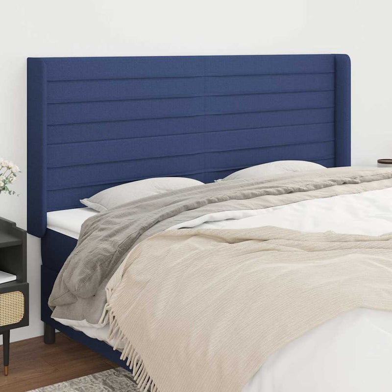 Tăblie de pat cu aripioare, albastru, 203x16x118/128 cm, textil