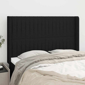 Tăblie de pat cu aripioare, negru, 147x16x118/128 cm, textil