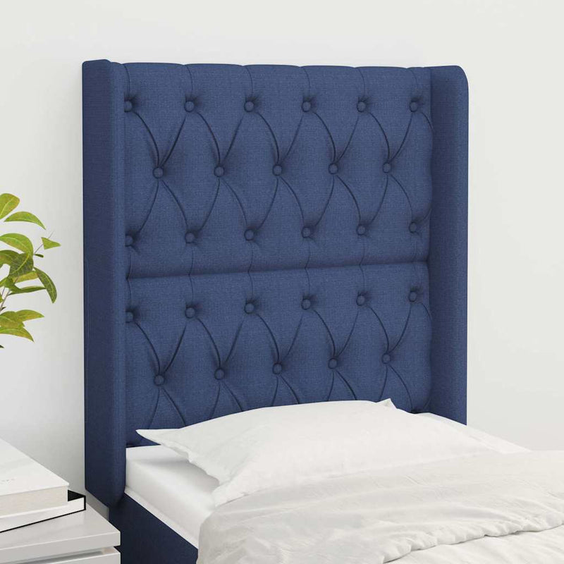 Tăblie de pat cu aripioare, albastru, 83x16x118/128 cm, textil