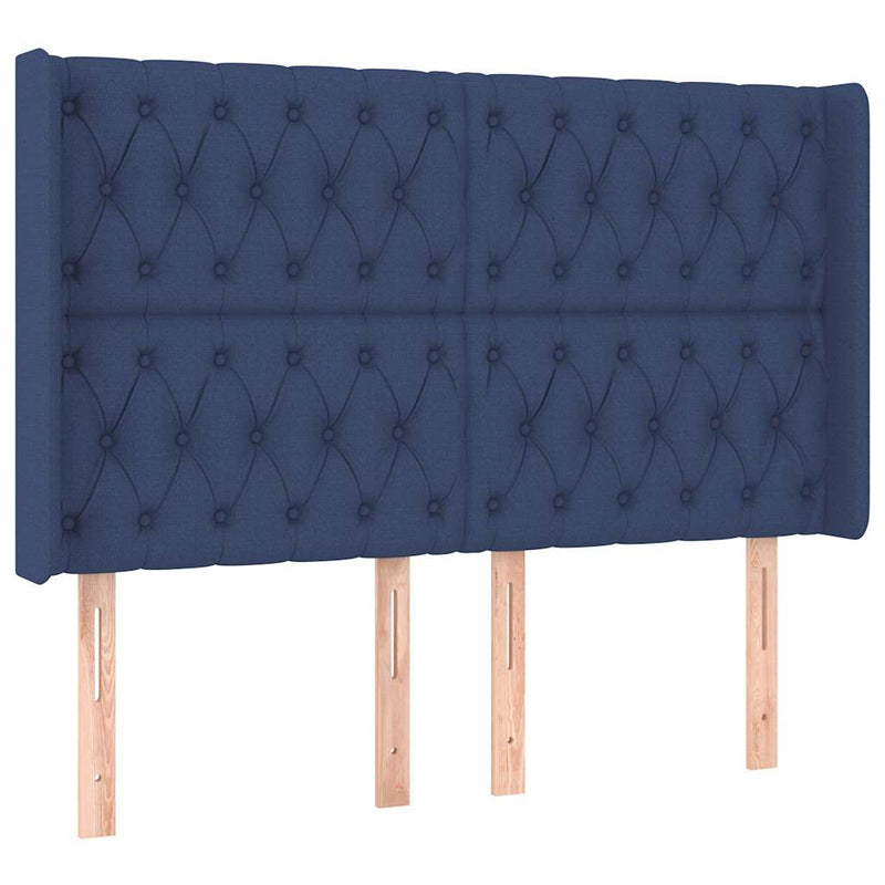 Tăblie de pat cu aripioare, albastru, 147x16x118/128 cm, textil