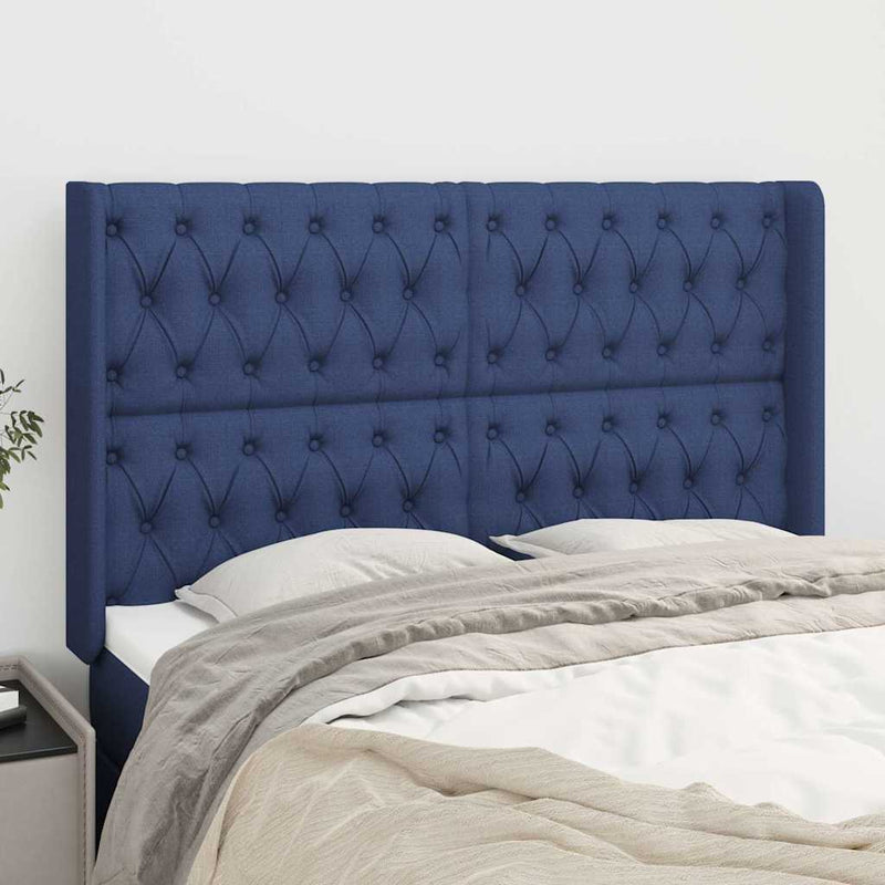Tăblie de pat cu aripioare, albastru, 147x16x118/128 cm, textil
