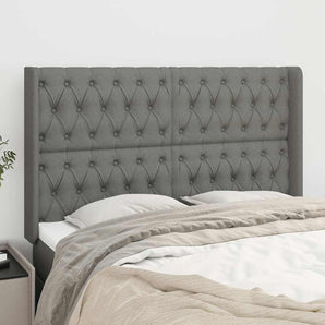 Tăblie de pat cu aripioare gri închis 163x16x118/128 cm textil