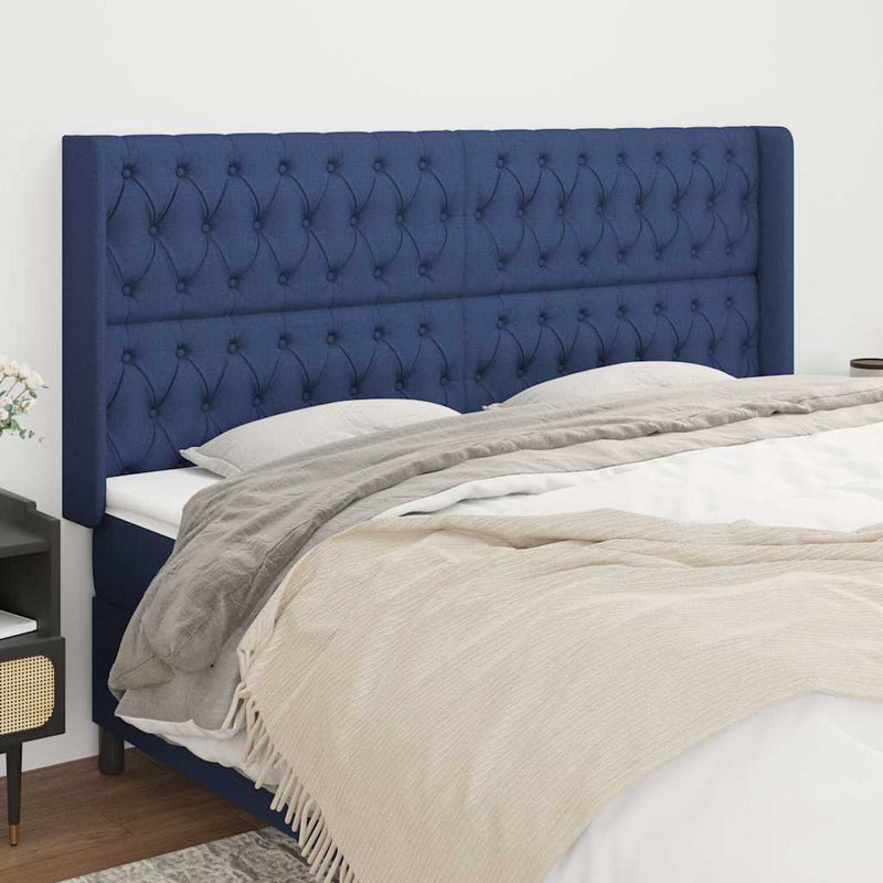 Tăblie de pat cu aripioare, albastru, 203x16x118/128 cm, textil