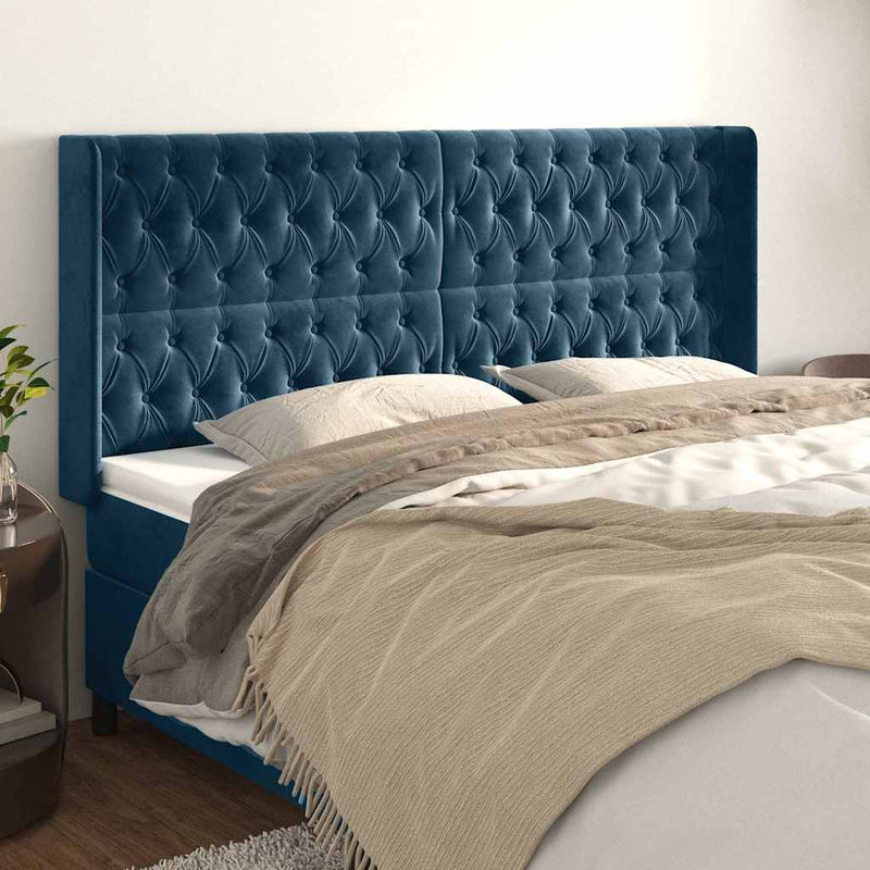 Tăblie pat cu urechi albastru închis 183x16x118/128 cm catifea