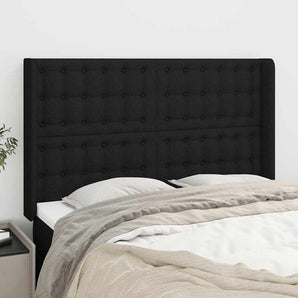 Tăblie de pat cu aripioare, negru, 147x16x118/128 cm, textil
