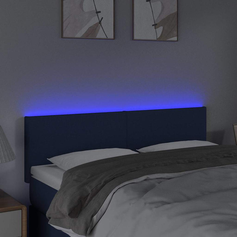 Tăblie de pat cu LED, albastru, 144x5x78/88 cm, textil