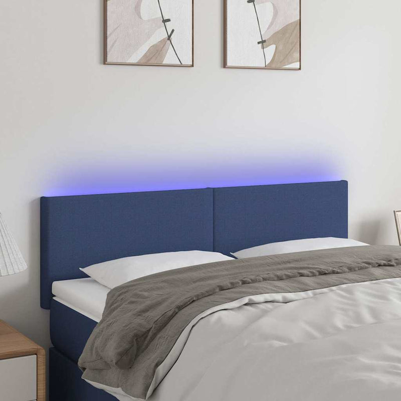 Tăblie de pat cu LED, albastru, 144x5x78/88 cm, textil