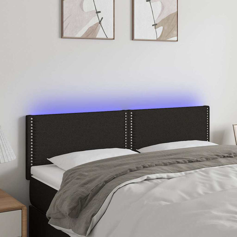 Tăblie de pat cu LED, negru, 144x5x78/88 cm, textil