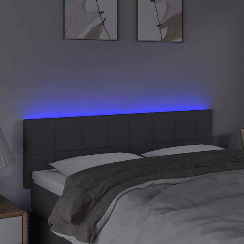 Tăblie de pat cu LED, gri închis, 144x5x78/88 cm, textil