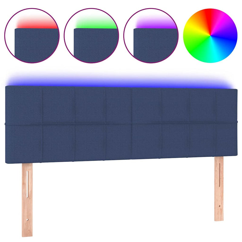 Tăblie de pat cu LED, albastru, 144x5x78/88 cm, textil