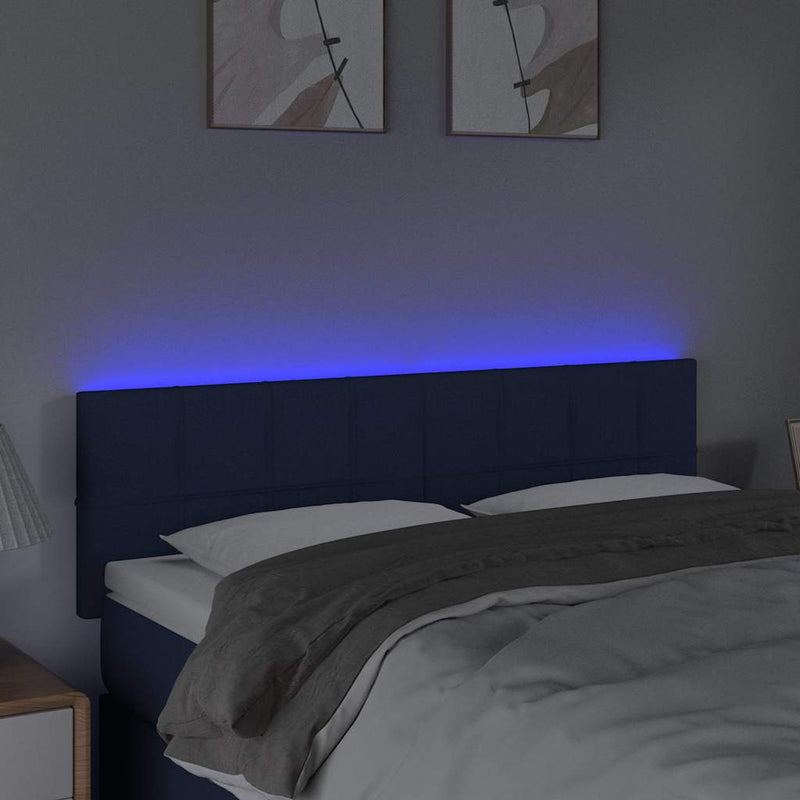 Tăblie de pat cu LED, albastru, 144x5x78/88 cm, textil