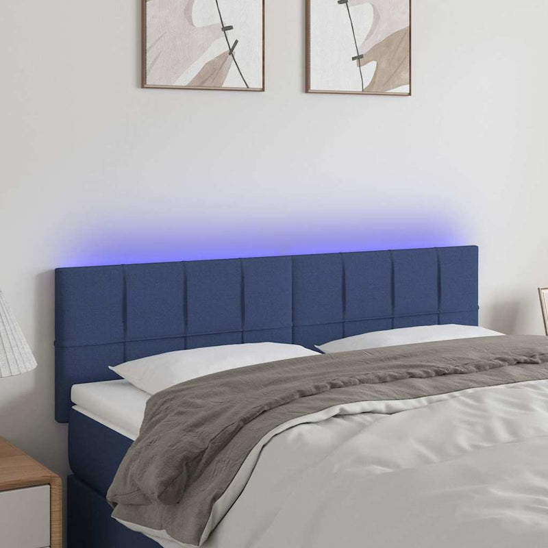 Tăblie de pat cu LED, albastru, 144x5x78/88 cm, textil