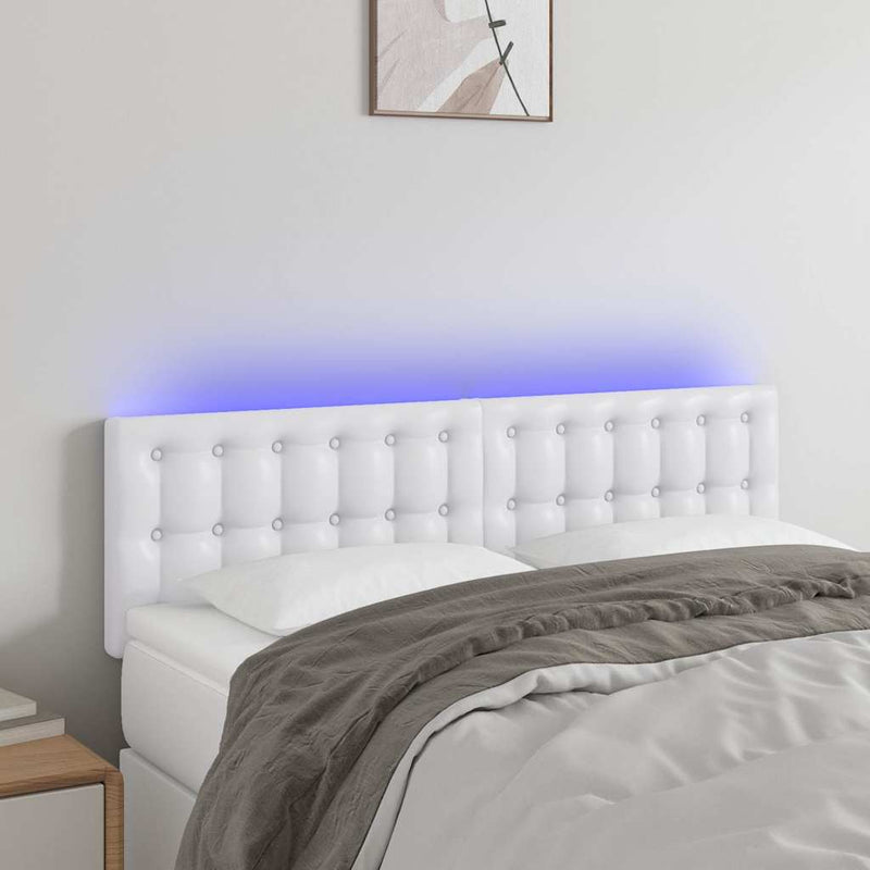Tăblie de pat cu LED, alb, 144x5x78/88 cm, piele ecologică