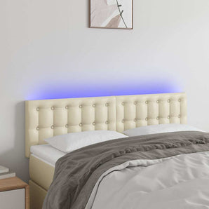 Tăblie de pat cu LED, crem, 144x5x78/88 cm, piele ecologică